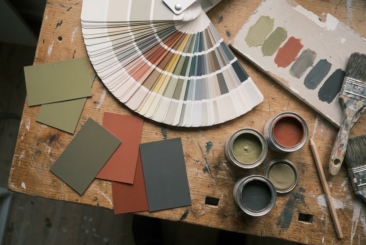 Échantillons de couleurs et petits pots d’essai sur un établi