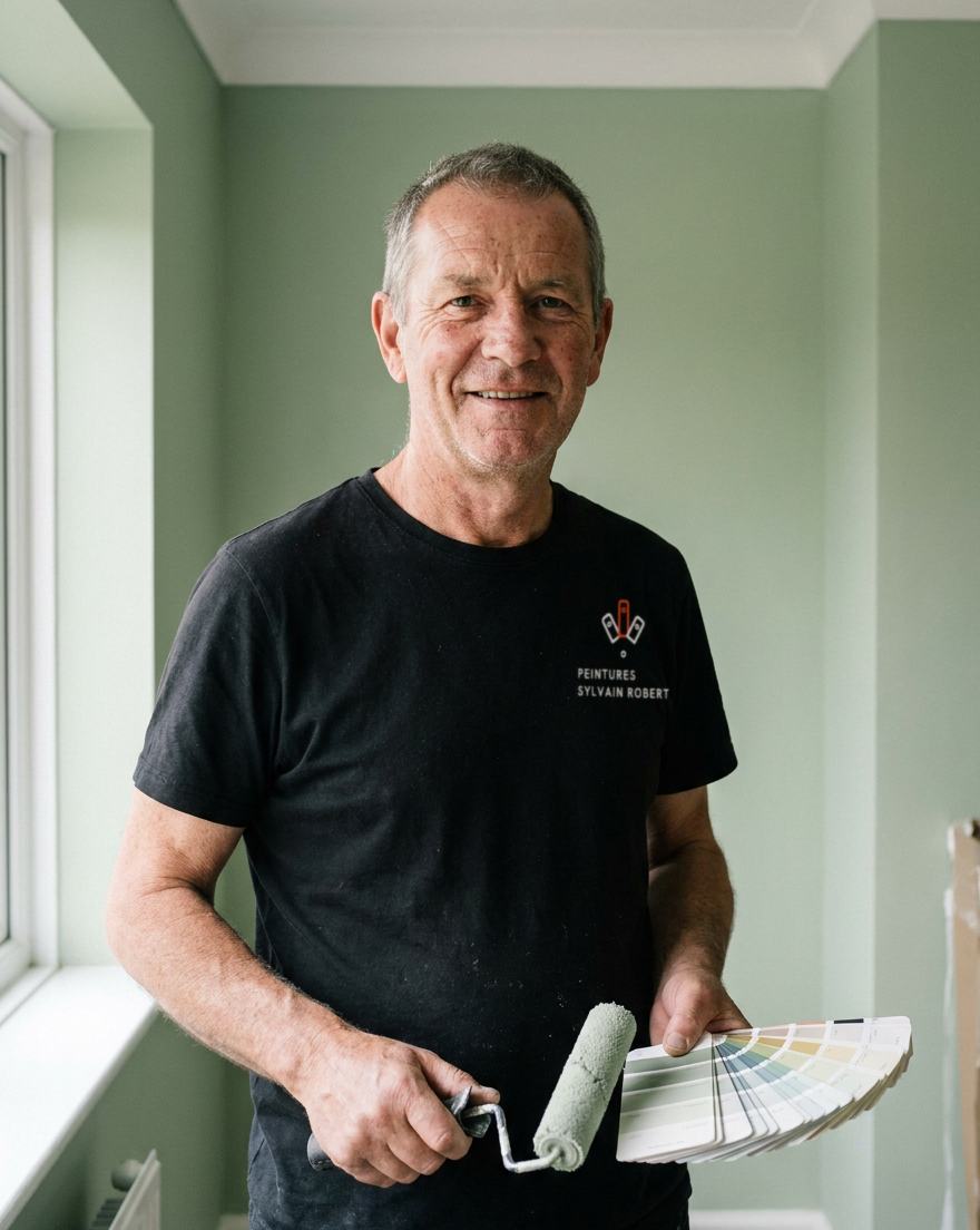Peintre dans un salon fraîchement peint vert sauge, avec un rouleau et un éventail de couleurs